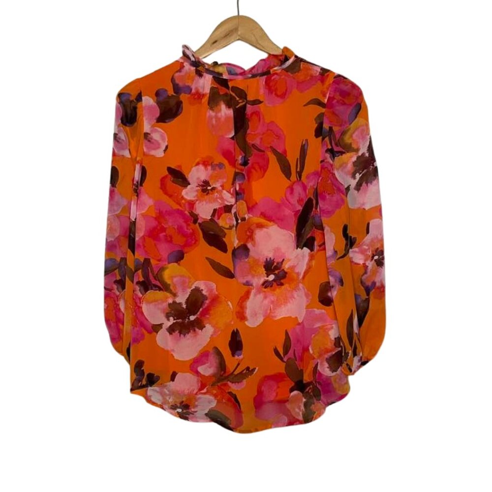 Bar III Vibrant Orange Floral Boho Tie Neck Peasant Blouse Size Medium - Picture 3 of 13